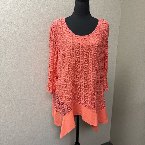 Nicole Marie Coral Lace Overlay Top Large Boho Tunic Blouse - Picture 2 of 9